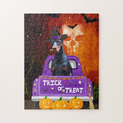 Doberman Dog in Halloween Truck Jigsaw Puzzle