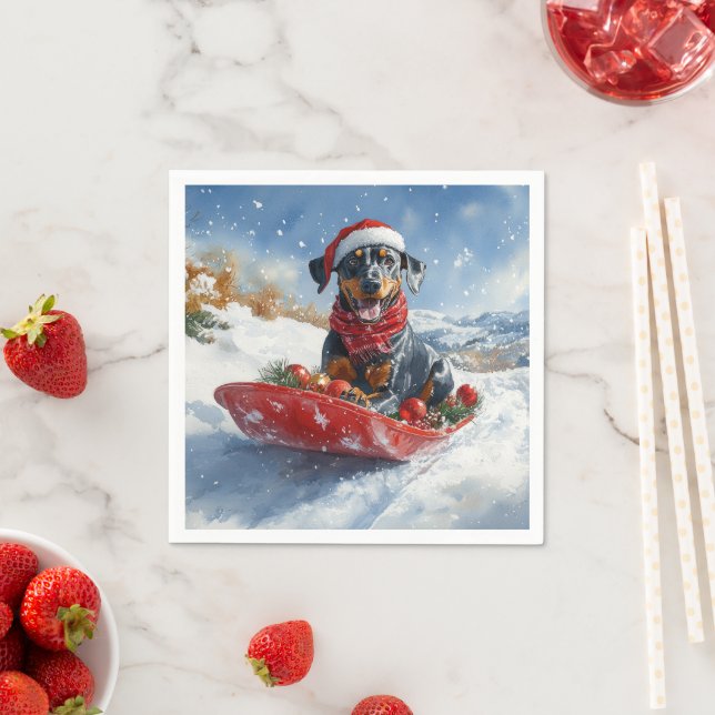 Doberman Dog in Sledge Let it Snow Christmas Napkins (Insitu)