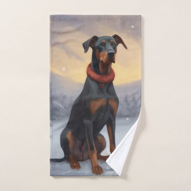 Doberman Dog in Snow Christmas  Bath Towel Set (Hand Towel)