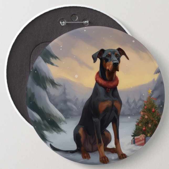 Doberman Dog in Snow Christmas  Button (Front & Back)