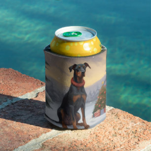 Doberman Dog in Snow Christmas Can Cooler
