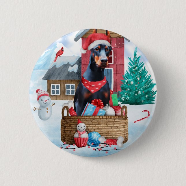 Doberman Dog In snow Christmas Dog House Button (Front)