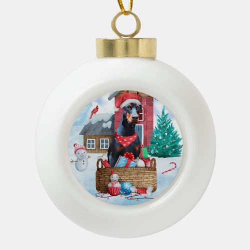 Doberman Dog In snow Christmas Dog House Ceramic Ball Christmas Ornament
