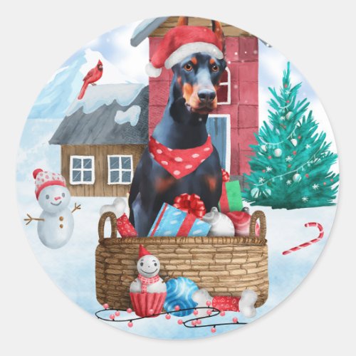 Doberman Dog In snow Christmas Dog House Classic Round Sticker