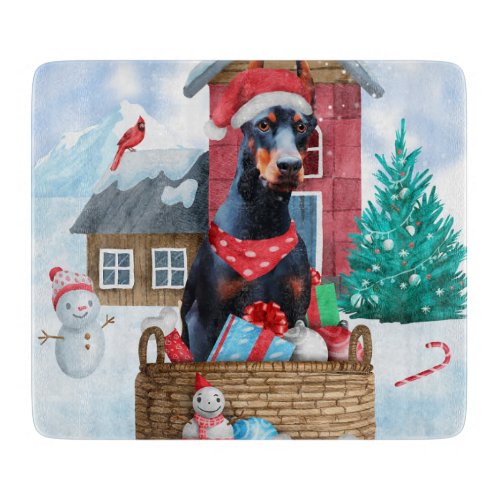 Doberman Dog In snow Christmas Dog House Cutting Board