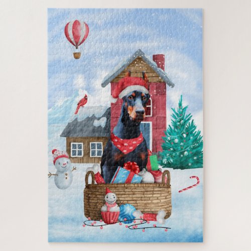 Doberman Dog In snow Christmas Dog House Jigsaw Puzzle