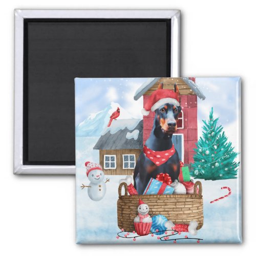 Doberman Dog In snow Christmas Dog House Magnet
