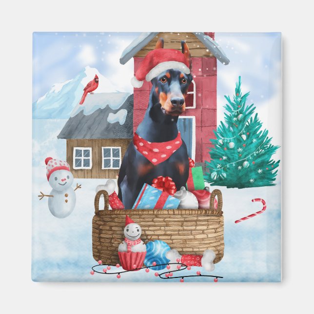 Doberman Dog In snow Christmas Dog House Magnet (Front)
