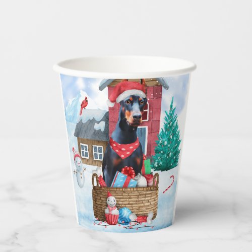 Doberman Dog In snow Christmas Dog House Paper Cups