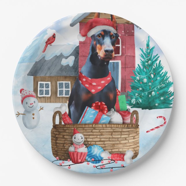 Doberman Dog In snow Christmas Dog House Paper Plates (Front)
