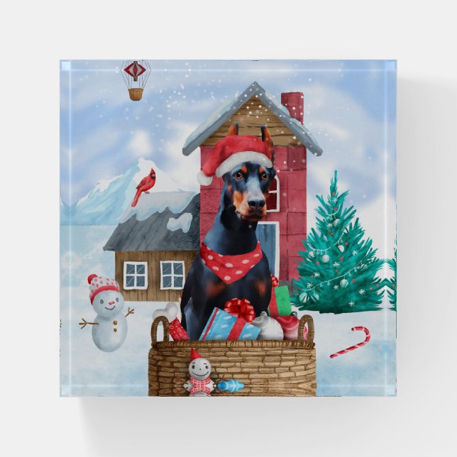 Doberman Dog In snow Christmas Dog House Paperweight (Front)