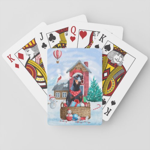 Doberman Dog In snow Christmas Dog House Poker Cards