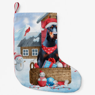 Doberman Dog In snow Christmas Dog House Small Christmas Stocking