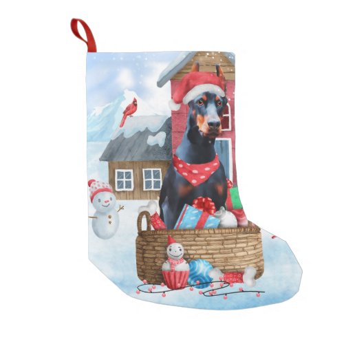 Doberman Dog In snow Christmas Dog House Small Christmas Stocking