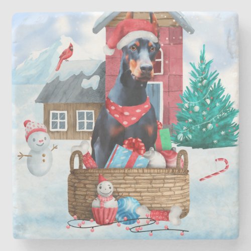 Doberman Dog In snow Christmas Dog House Stone Coaster
