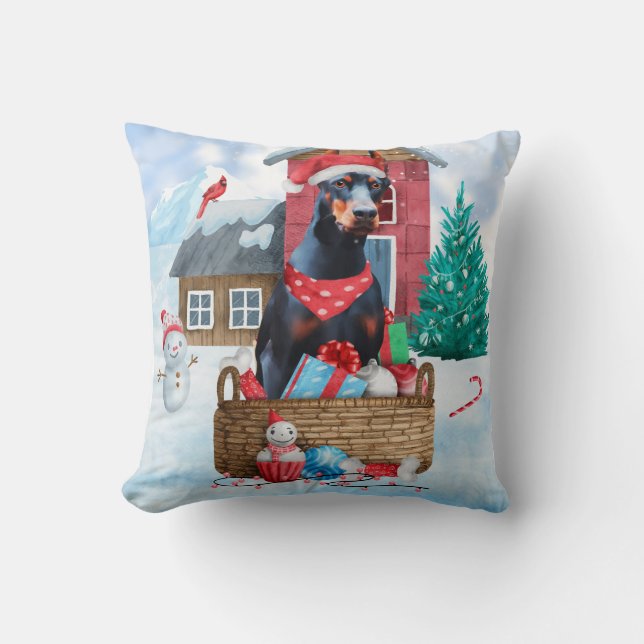 Doberman Dog In snow Christmas Dog House  Throw Pillow (Front)
