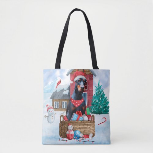 Doberman Dog In snow Christmas Dog House Tote Bag