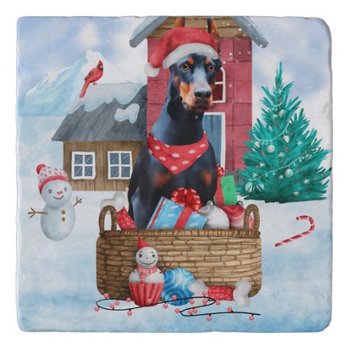 Doberman Dog In snow Christmas Dog House Trivet