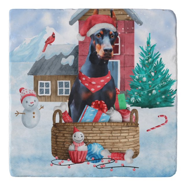 Doberman Dog In snow Christmas Dog House Trivet (Front)