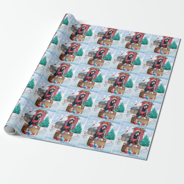 Doberman Dog In snow Christmas Dog House Wrapping Paper (Unrolled)