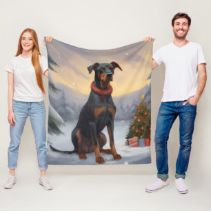 Doberman Dog in Snow Christmas  Fleece Blanket