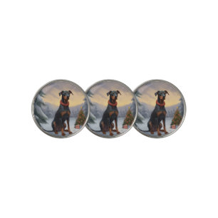 Doberman Dog in Snow Christmas Golf Ball Marker