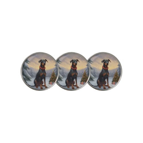 Doberman Dog in Snow Christmas  Golf Ball Marker