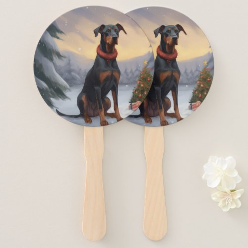 Doberman Dog in Snow Christmas  Hand Fan