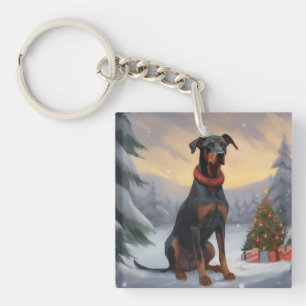 Doberman Dog in Snow Christmas Keychain