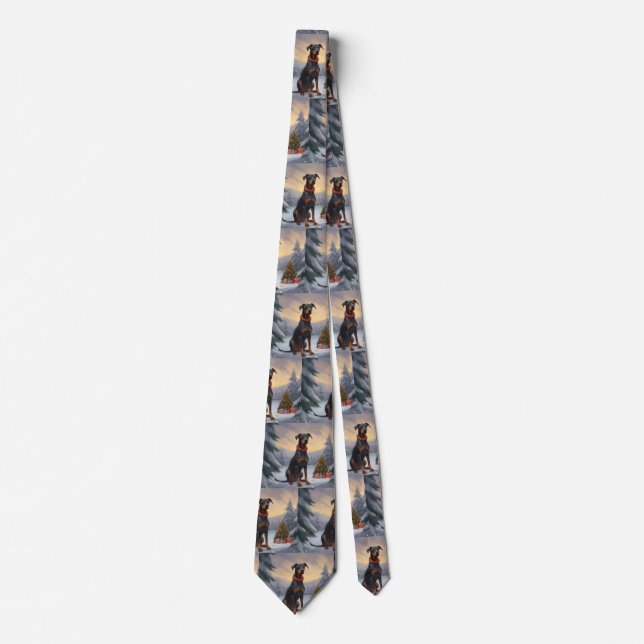 Doberman Dog in Snow Christmas  Neck Tie (Front)