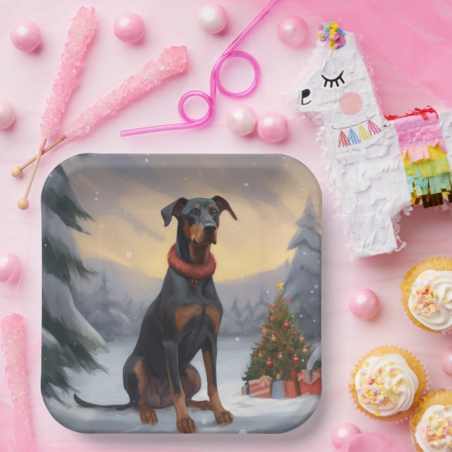 Doberman Dog in Snow Christmas  Paper Plates (Party)