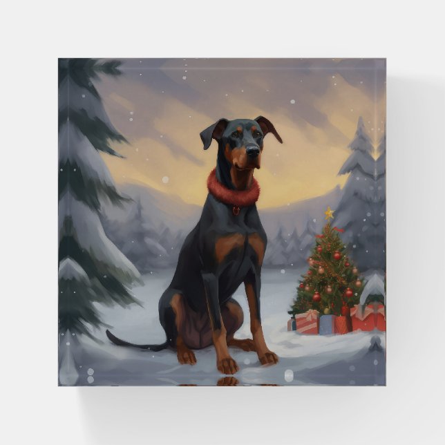 Doberman Dog in Snow Christmas  Paperweight (Front)
