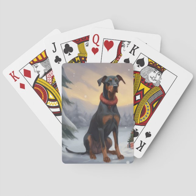 Doberman Dog in Snow Christmas  Poker Cards (Back)