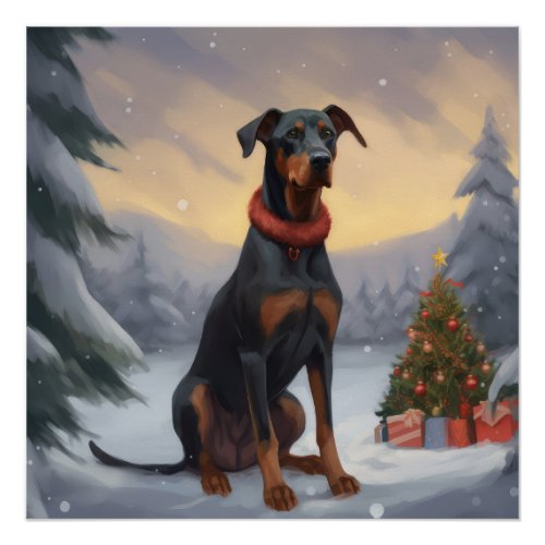 Doberman Dog in Snow Christmas  Poster