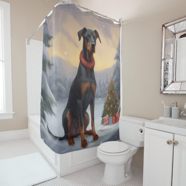 Doberman Dog in Snow Christmas  Shower Curtain (In Situ)