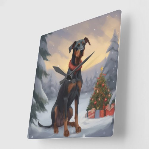 Doberman Dog in Snow Christmas  Square Wall Clock