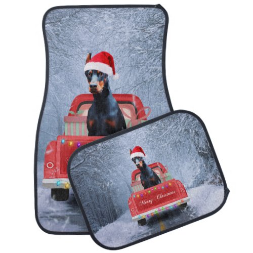 Doberman Dog in Snow sitting in Christmas Truck Car Floor Mat