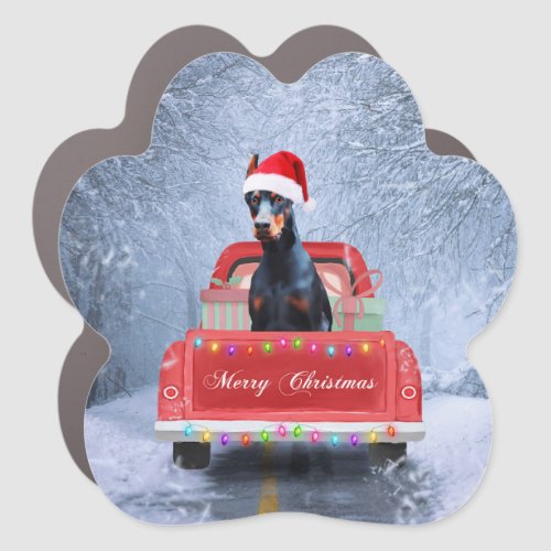 Doberman Dog in Snow sitting in Christmas Truck  Car Magnet