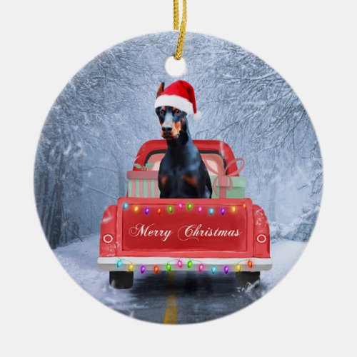 Doberman Dog in Snow sitting in Christmas Truck Ceramic Ornament