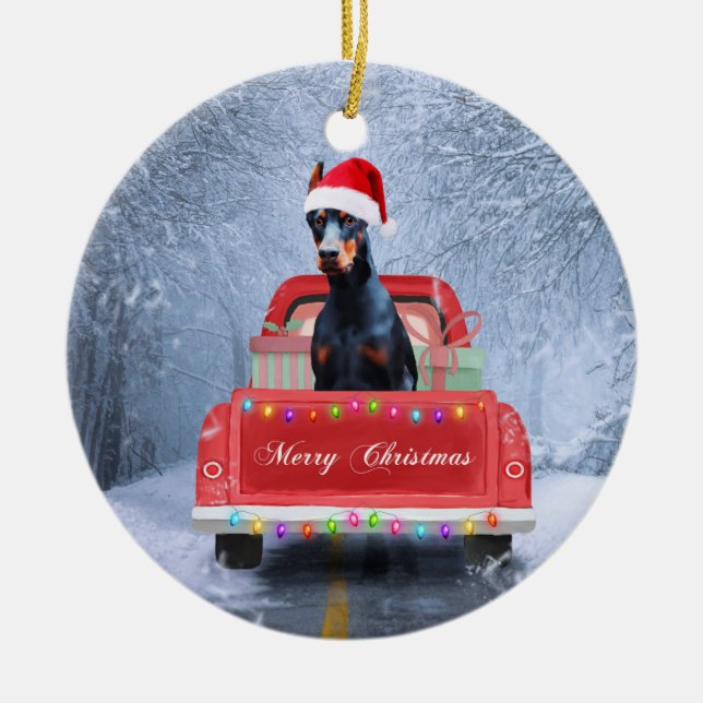 Doberman Dog in Snow sitting in Christmas Truck Ceramic Ornament (Front)