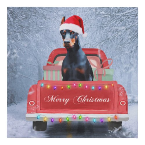 Doberman Dog in Snow sitting in Christmas Truck Faux Canvas Print