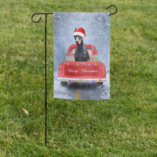 Doberman Dog in Snow sitting in Christmas Truck Garden Flag