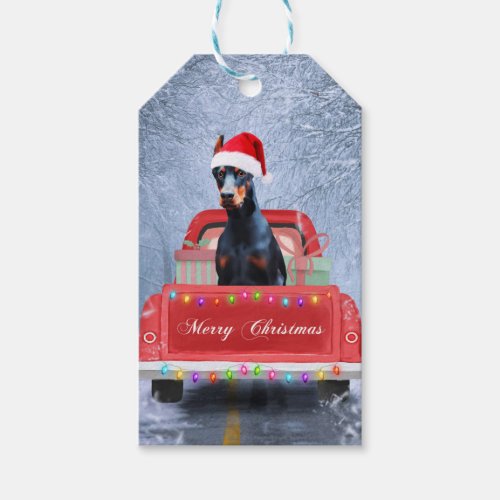 Doberman Dog in Snow sitting in Christmas Truck  Gift Tags