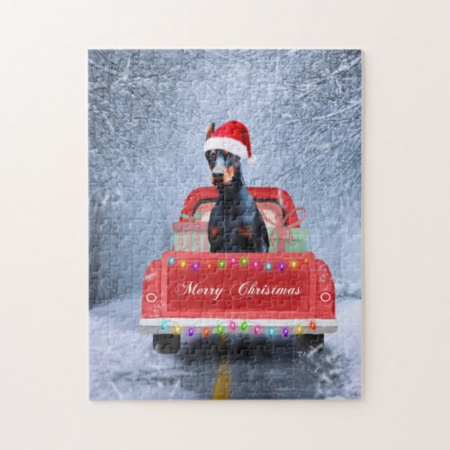 Doberman Dog in Snow sitting in Christmas Truck Jigsaw Puzzle