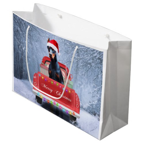 Doberman Dog in Snow sitting in Christmas Truck  Large Gift Bag