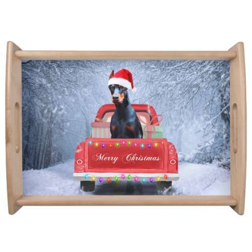 Doberman Dog in Snow sitting in Christmas Truck  Serving Tray