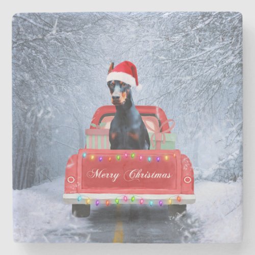 Doberman Dog in Snow sitting in Christmas Truck  Stone Coaster