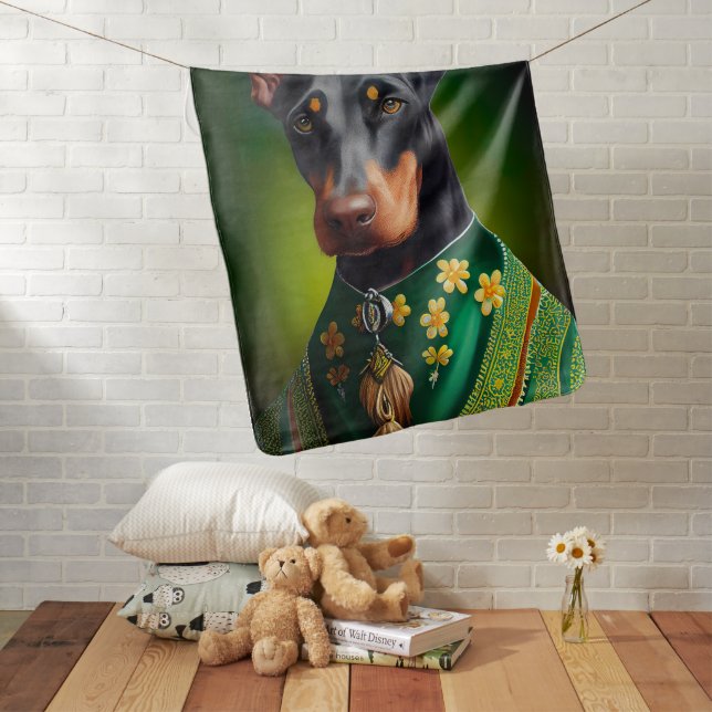 Doberman Dog in St. Patrick's Day Dress Baby Blanket (In Situ)