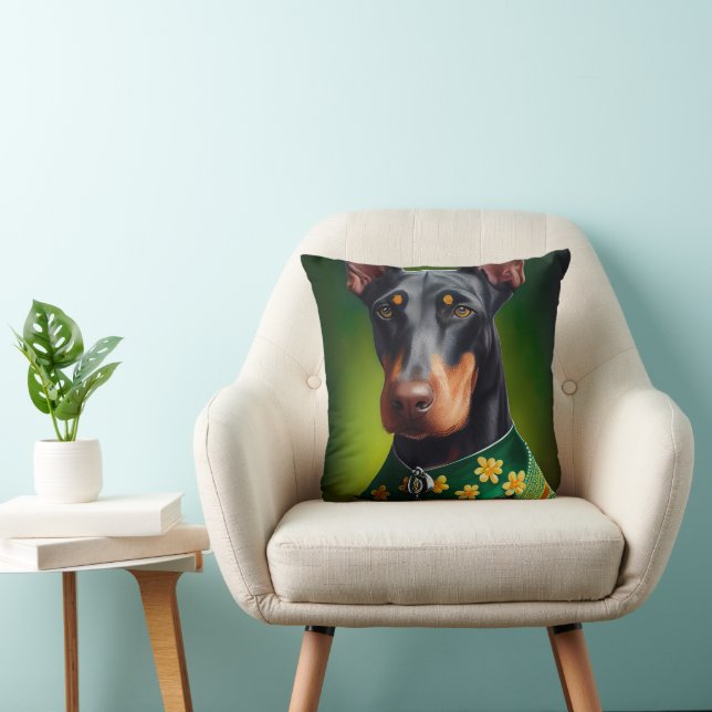 Doberman Dog in St. Patrick's Day Dress Throw Pillow (Chair)