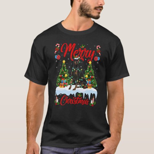 Doberman Dog Lights Xmas Tree Santa Doberman Chris T_Shirt